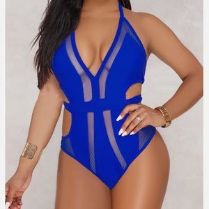 Blue mesh one piece swimsuit